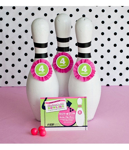 Retro Girl Bowling Birthday Party Printable Invitation - Pink Green